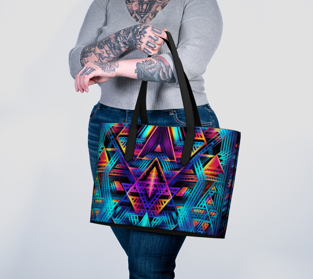 CYAN LINES VEGAN LEATHER TOTE BAG